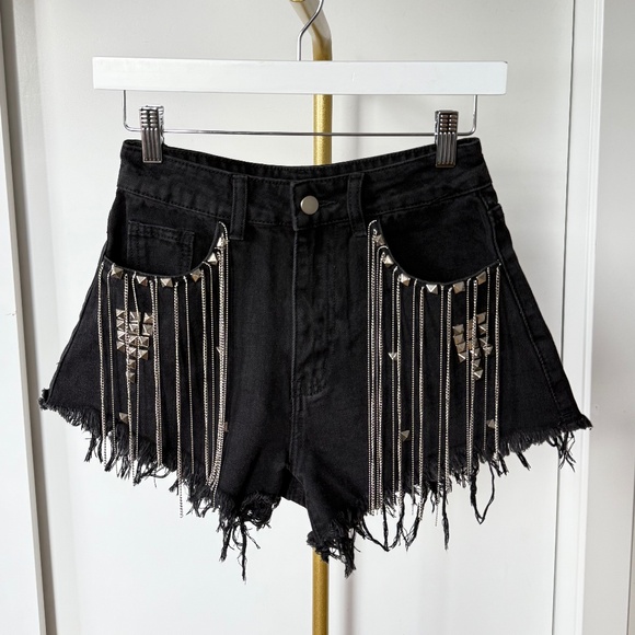 Pants - Black Fringe Studded Denim Shorts – Size S